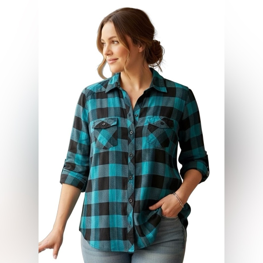 TORRID 00 0X XL Turquoise Blue Black Plaid Rayon Button Down Camp Shirt R $49